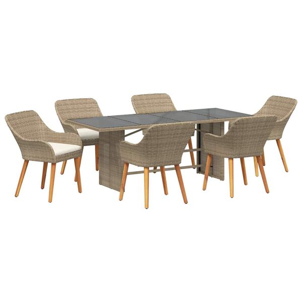 vidaXL Set da Pranzo per Giardino con cuscino 7 pcs Beige polyrattan