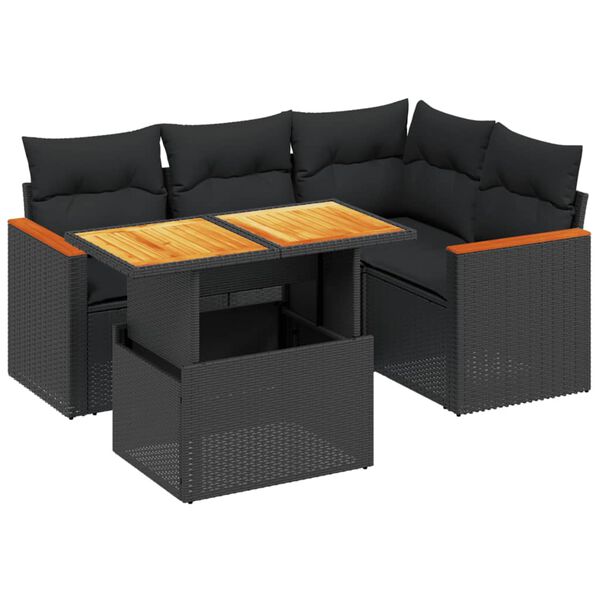 vidaXL Set Divani da Giardino 5 pz con Cuscini in Polyrattan Nero