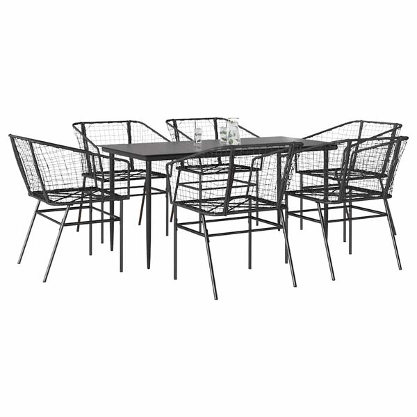 vidaXL Set Pranzo da Giardino 7 pz Nero Polyrattan Vetro