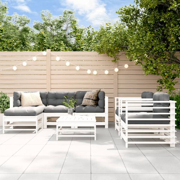 vidaXL Set Divani da Giardino 7pz con Cuscini in Legno Massello Bianco