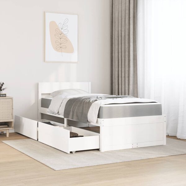 vidaXL Letto Cassetti e Materasso Bianco 90x200 cm Legno Massello Pino