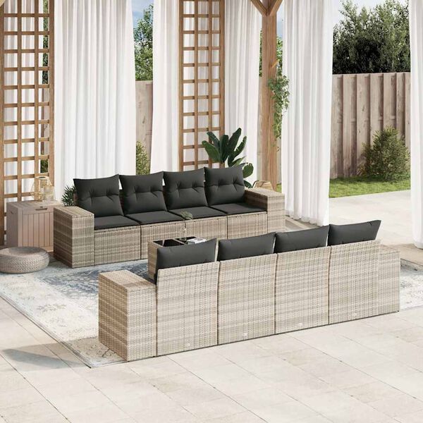 vidaXL Set Divano da Giardino 9pz con Cuscini Grigio Chiaro Polyrattan