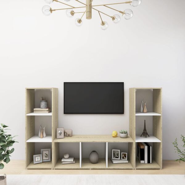 vidaXL Mobili TV 3 pz Bianco e Sonoma 107x35x37cm in Legno Multistrato