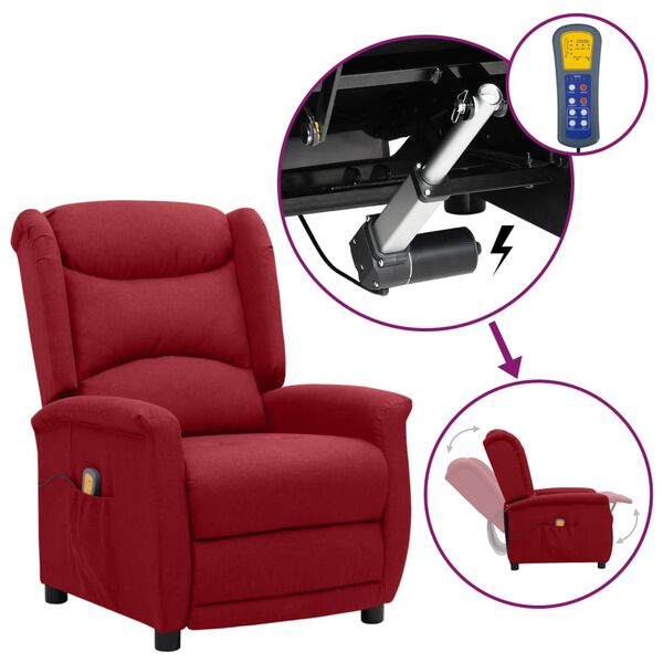 vidaXL Poltrona Alzapersona Massaggiante Rosso Vino Tessuto