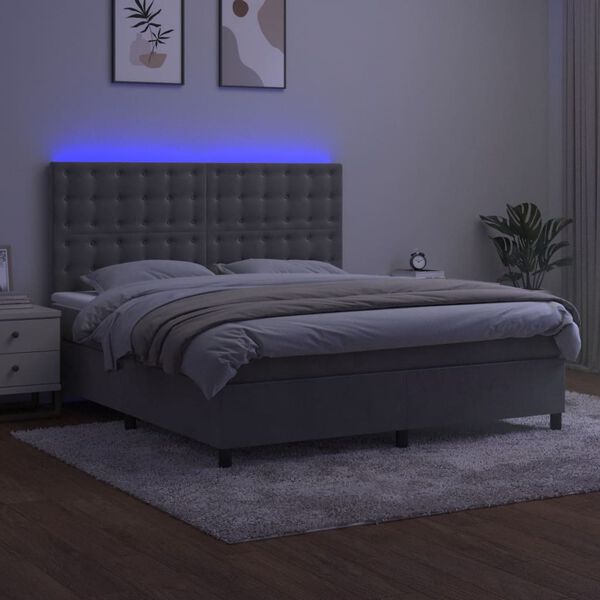 vidaXL Letto a Molle Materasso e LED Grigio Chiaro 160x200 cm Velluto