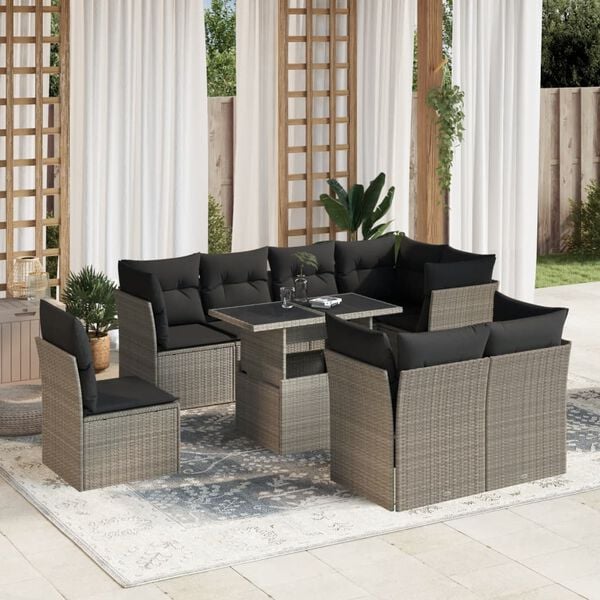 vidaXL Set Divano da Giardino 9pz con Cuscini Grigio Chiaro Polyrattan