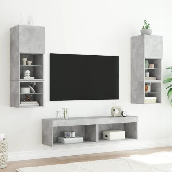 vidaXL Mobili TV a Muro con LED 6pz Grigio Cemento Legno Multistrato