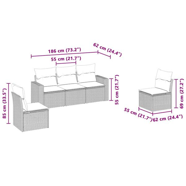vidaXL Set Divano da Giardino 5pz con Cuscini Grigio Chiaro Polyrattan