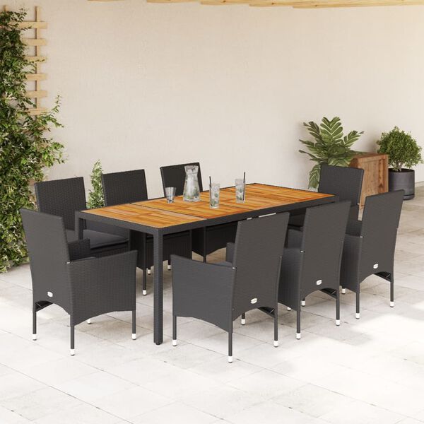 vidaXL Set Pranzo da Giardino 9 pz con Cuscini Nero Polyrattan Acacia