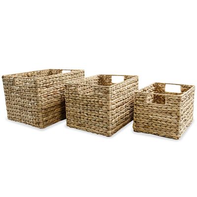 Set Di 2 Cestini Portaoggetti In Giacinto D'acqua Con Coperchio, Vimini Naturale, Misure L E S, Per Organizzazione Casa