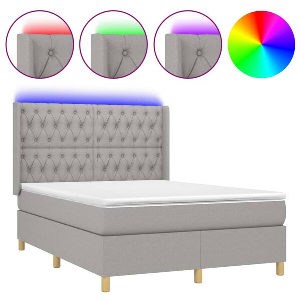 vidaXL Letto a Molle Materasso e LED Grigio Chiaro 140x190 cm Tessuto