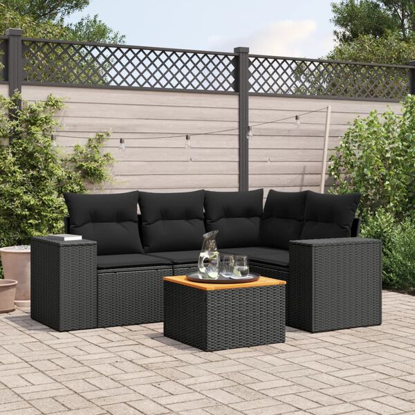 vidaXL Set Divani da Giardino 5 pz con Cuscini in Polyrattan Nero