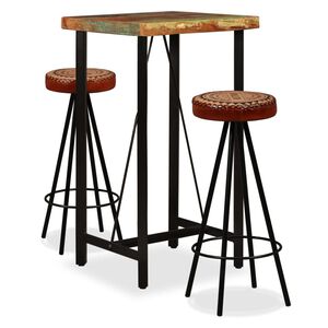 vidaXL Set da Bar 3 pz Legno Massello di Recupero Vera Pelle e Tessuto