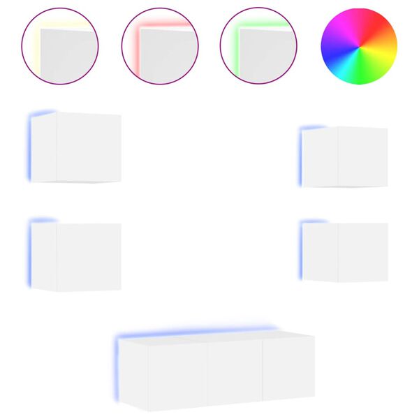 vidaXL Mobili TV a Muro con LED 6pz Bianchi in Legno Multistrato