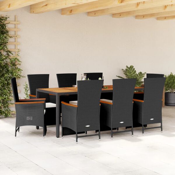 vidaXL Set da Pranzo da Giardino 9 pz con Cuscini Nero in Polyrattan