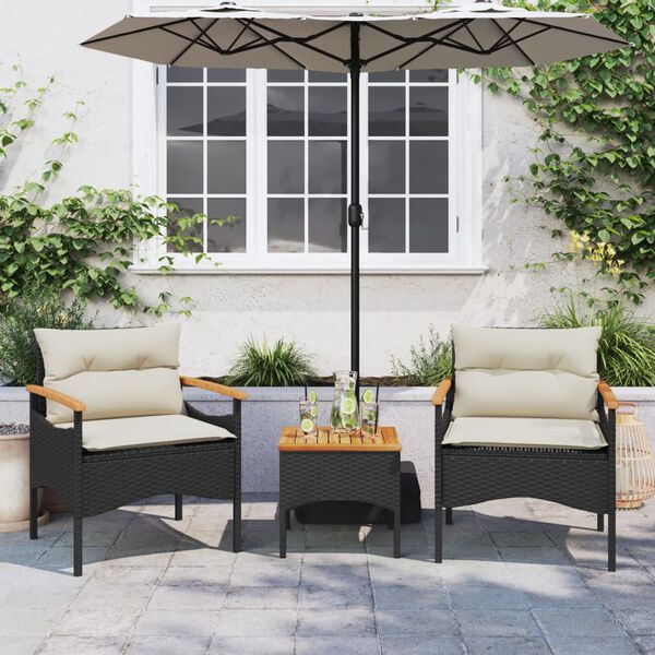 vidaXL Set Divani da Giardino 3 pz con Cuscini in Polyrattan Nero