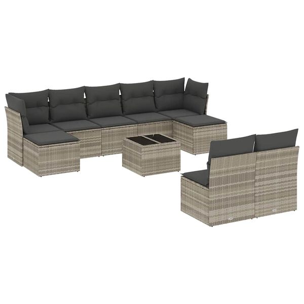 vidaXL Set Divano Giardino 10 pz con Cuscini Grigio Chiaro Polyrattan