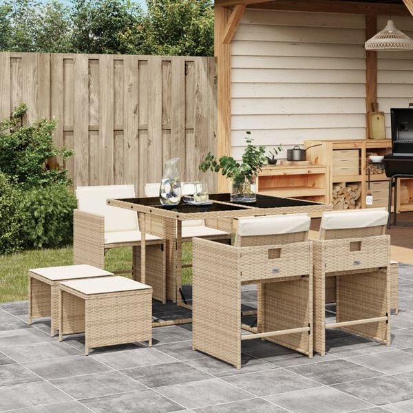 vidaXL Set da Pranzo da Giardino 9 pz con Cuscini Beige in Polyrattan