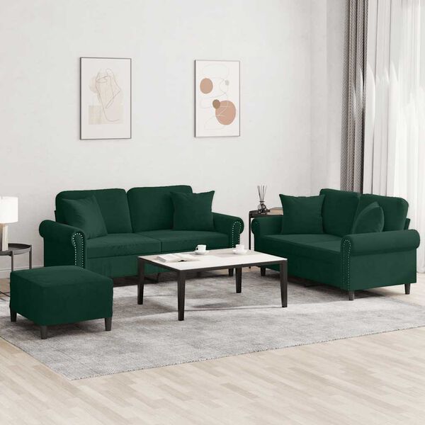 vidaXL Set di Divani 3 pz con Cuscini Verde Scuro in Velluto