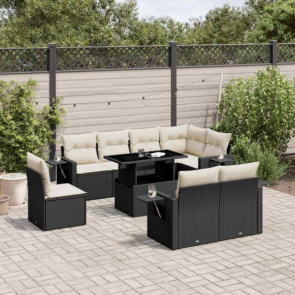vidaXL Set Divani da Giardino 9 pz con Cuscini Nero in Polyrattan