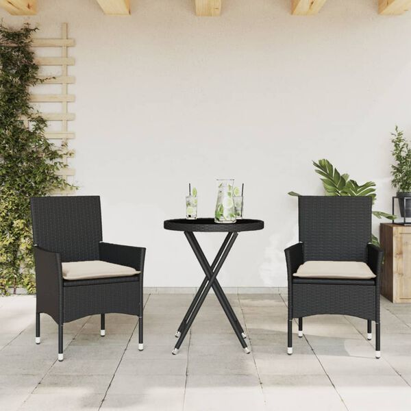 vidaXL Set da Bistrò 3 pz con Cuscini Nero Polyrattan e Vetro
