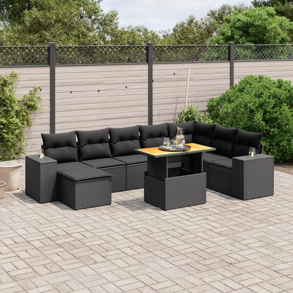 vidaXL Set Divani da Giardino 9 pz con Cuscini Nero in Polyrattan