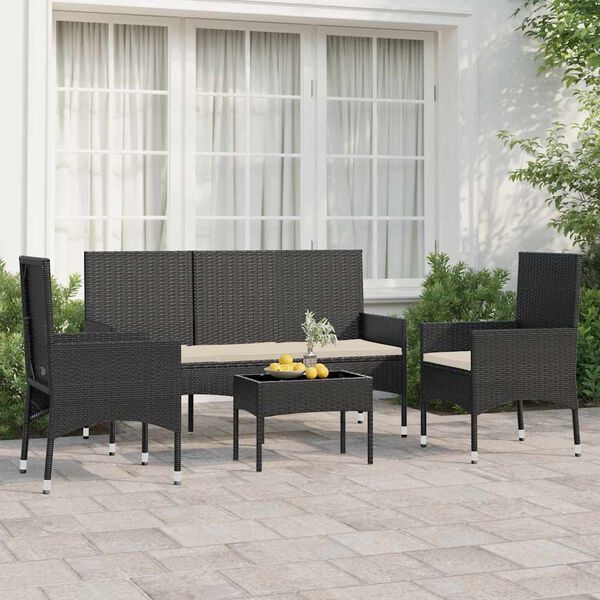 vidaXL Set Divani da Giardino 4 pz con Cuscini Nero in Polyrattan