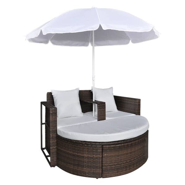 vidaXL Lettino da Giardino con Ombrellone Marrone in Polyrattan