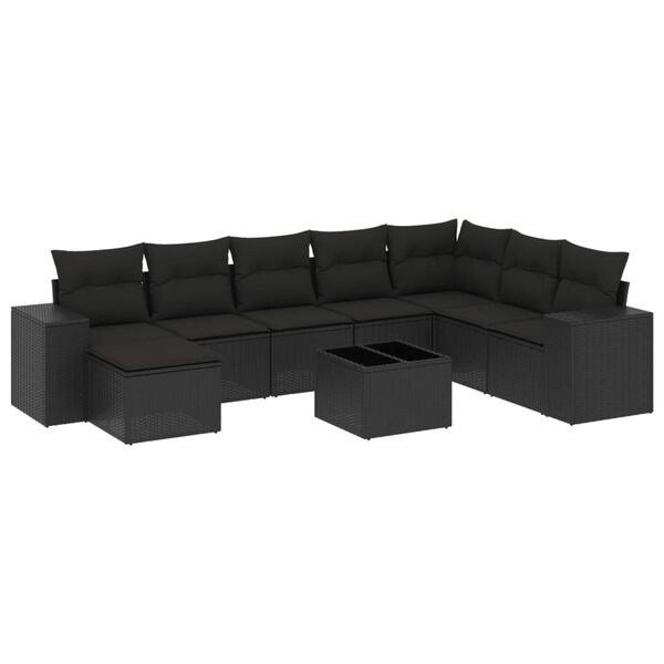vidaXL Set Divani da Giardino 9 pz con Cuscini Nero in Polyrattan