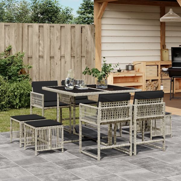 vidaXL Set Pranzo da Giardino 9pz con Cuscini Grigio Chiaro Polyrattan