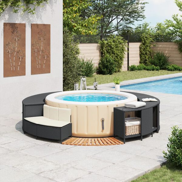 vidaXL Bordo per Spa Nero in Polyrattan e Legno Massello di Acacia