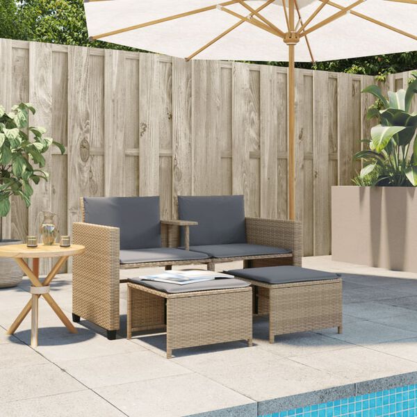 vidaXL Divano Giardino 2 Posti con Tavolo e Sgabelli Beige Polyrattan