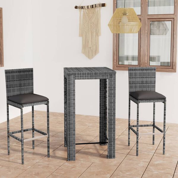 vidaXL Set Bar da Giardino 3 pz con Cuscini in Polyrattan Grigio