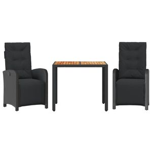 vidaXL Set da Bistr&ograve; 3 pz con Cuscini Nero in Polyrattan