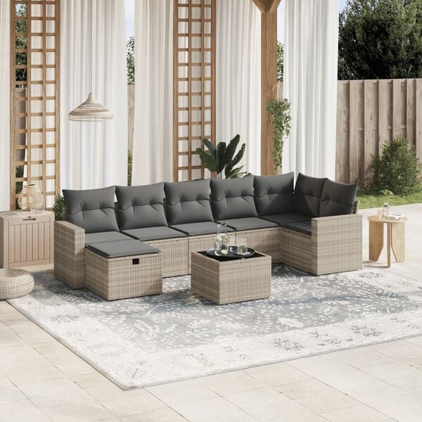 vidaXL Set Divano da Giardino 8pz con Cuscini Grigio Chiaro Polyrattan
