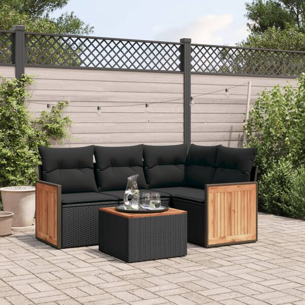 vidaXL Set Divani da Giardino 5 pz con Cuscini in Polyrattan Nero