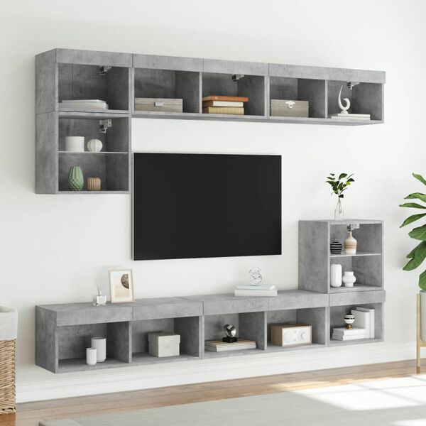 vidaXL Mobili TV a Muro con LED 8pz Grigio Cemento Legno Multistrato