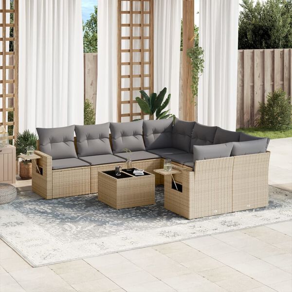 vidaXL Set Divano da Giardino 9 pz con Cuscini Beige in Polyrattan