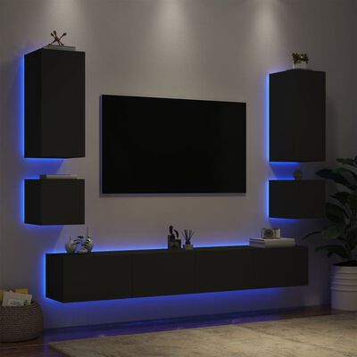 vidaXL Mobili TV a Muro 6pz con Luci LED Neri