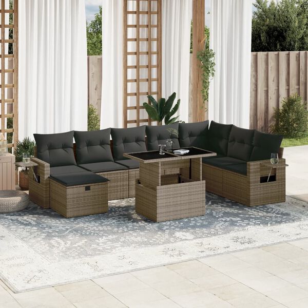 vidaXL Set Divano da Giardino 9 pz con Cuscini Grigio in Polyrattan