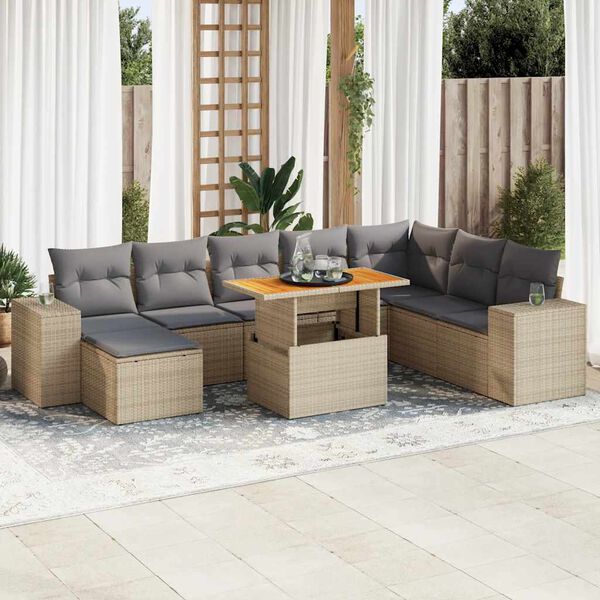 vidaXL Set Divano da Giardino 9 pz con Cuscini Beige Polyrattan Acacia