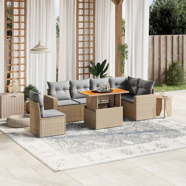 vidaXL Set Divani da Giardino 7 pz con Cuscini Beige in Polyrattan