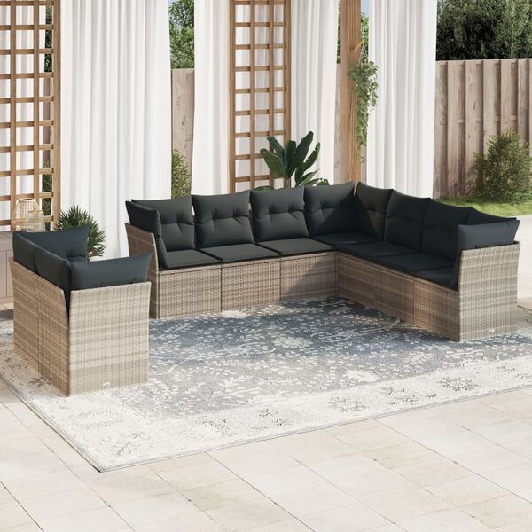vidaXL Set Divano da Giardino 9pz con Cuscini Grigio Chiaro Polyrattan