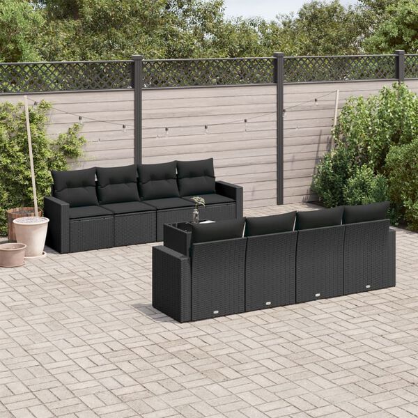 vidaXL Set Divani da Giardino 9 pz con Cuscini Nero in Polyrattan