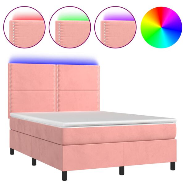 vidaXL Letto a Molle con Materasso e LED Rosa 140x190 cm in Velluto