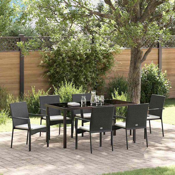 vidaXL Set da Pranzo per Giardino con cuscino 7 pcs Nero polyrattan