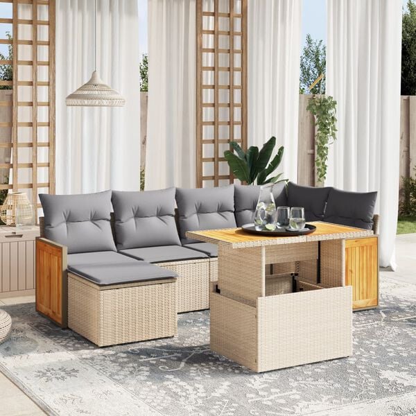 vidaXL Set Divani da Giardino 7 pz con Cuscini Beige in Polyrattan