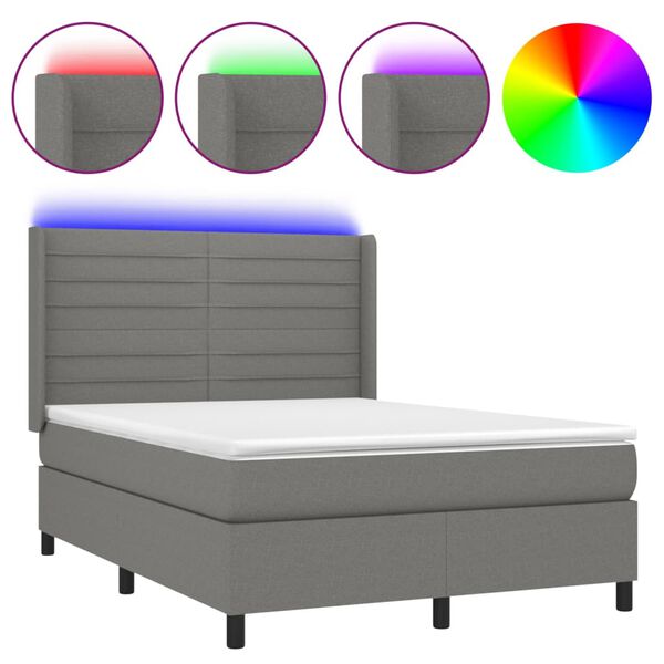 vidaXL Letto a Molle Materasso e LED Grigio Scuro 140x190cm in Tessuto