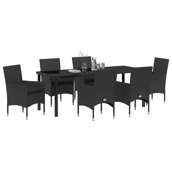 vidaXL Set da Pranzo per Giardino con cuscino 7 pcs Nero polyrattan