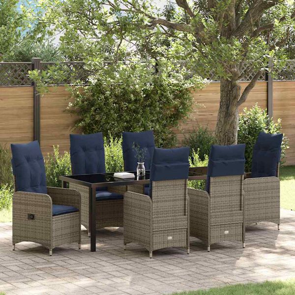vidaXL Set da Pranzo per Giardino con cuscino 7 pcs Nero Poly Rattan